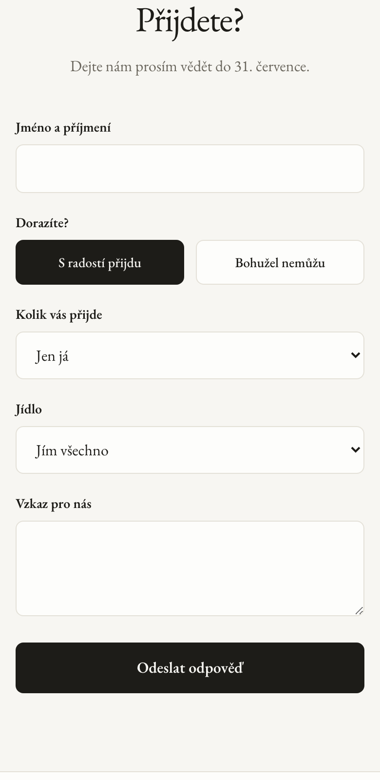 RSVP formulář svatebního webu na telefonu