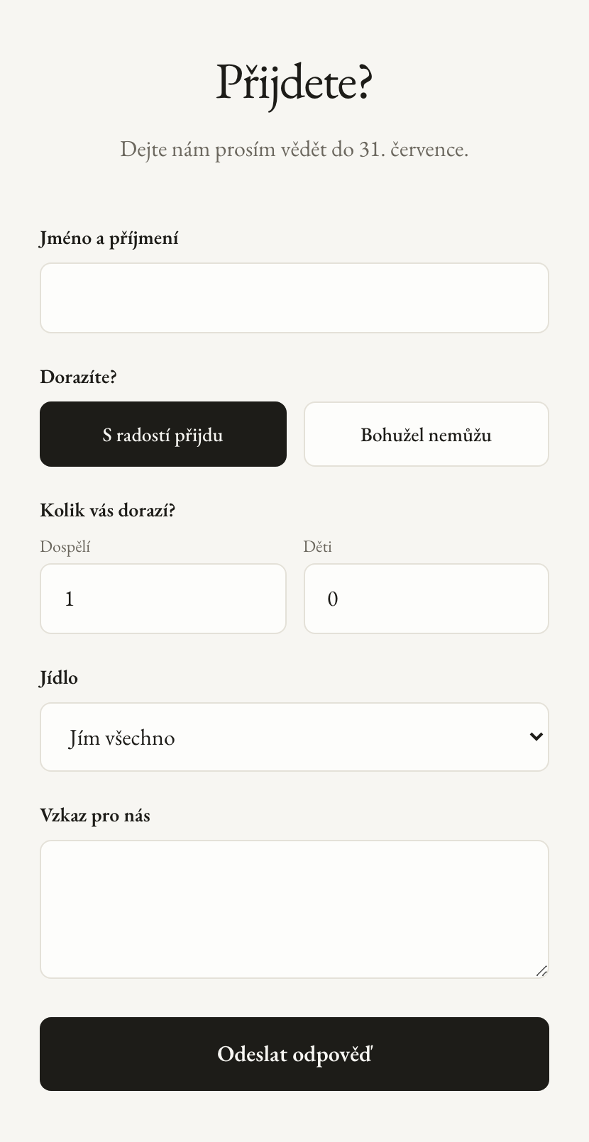 RSVP formulář svatebního webu na telefonu